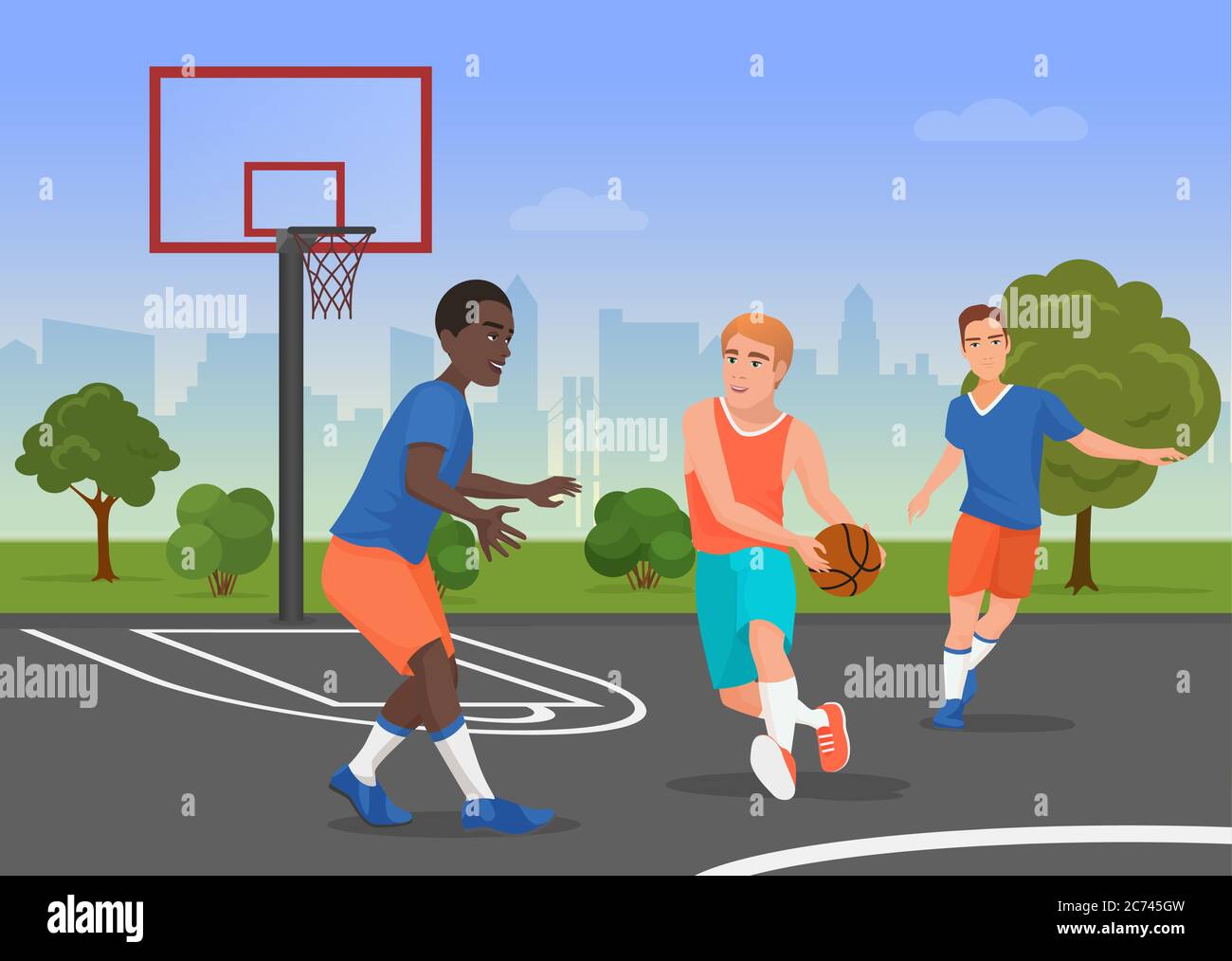 Illustration vectorielle de personnes noires et blanches jouant au streetball sur l'aire de jeux Illustration de Vecteur