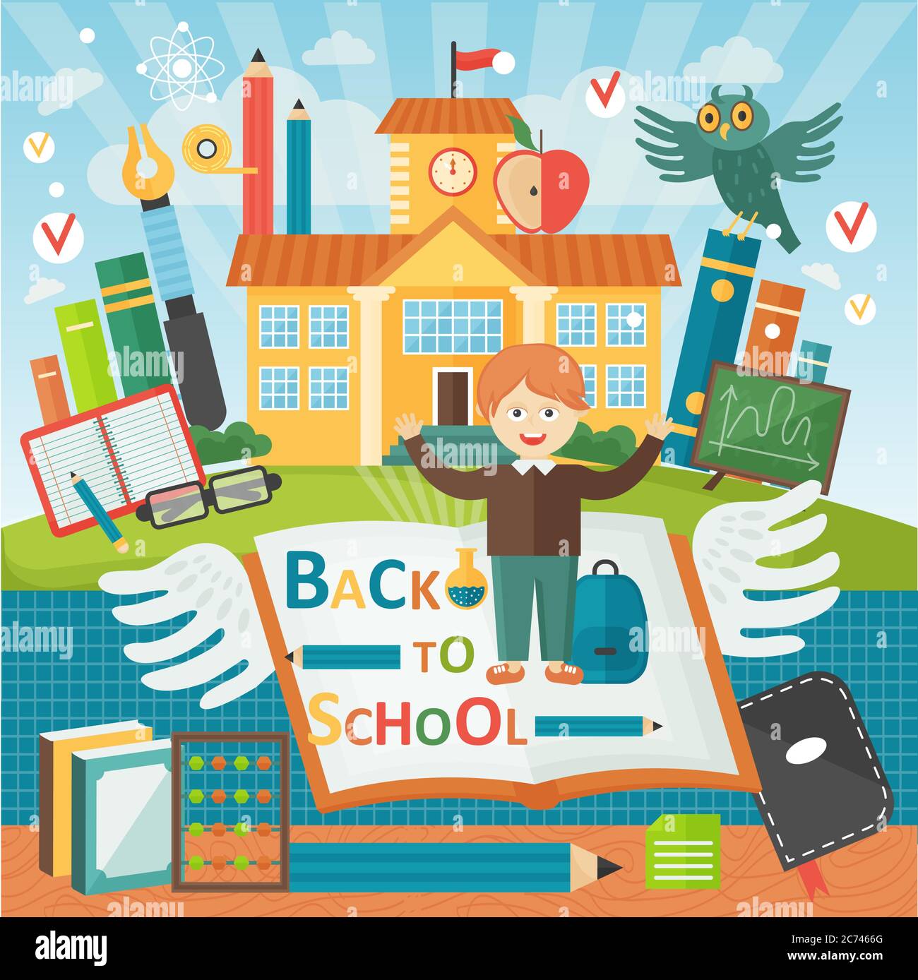 Bienvenue à l'école. Bannière de modèle pour enfant de l'école mignonne. Matériel pour élèves et étudiants près du bâtiment de l'école. Illustration vectorielle de dessin animé Illustration de Vecteur