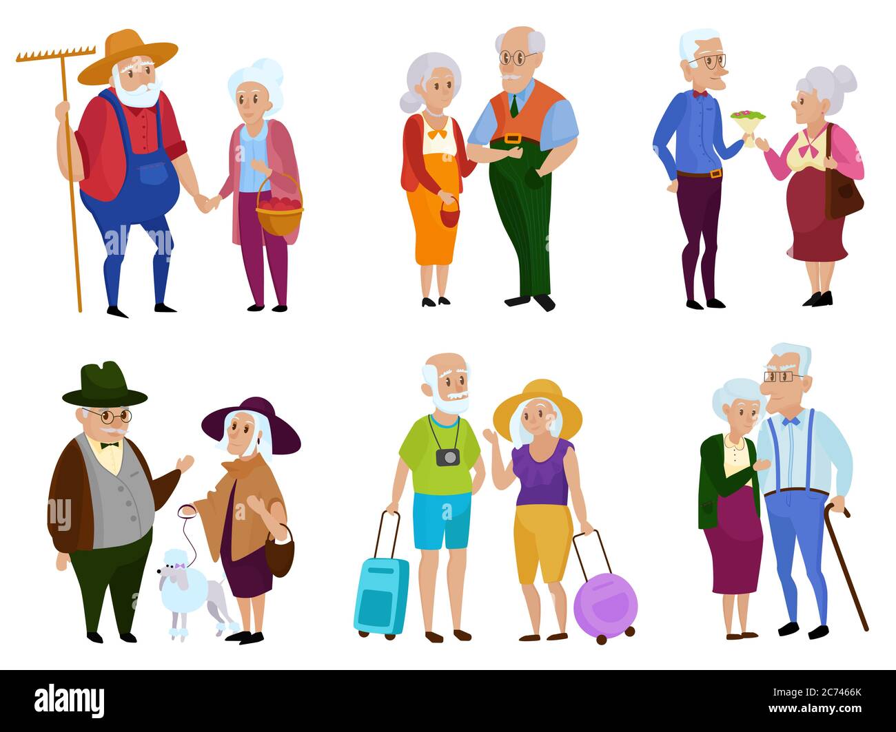 Activités pour hommes et femmes âgés - marche, pêche, téléphone portable et ordinateur Illustration de Vecteur