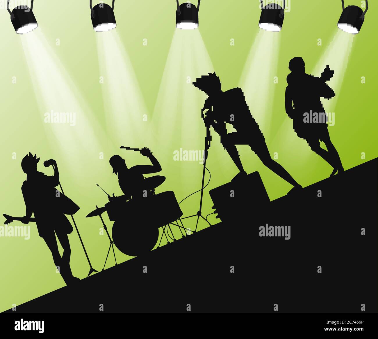 Silhouette du groupe Hard Rock sur scène. Angle d'action avec projecteurs Illustration de Vecteur