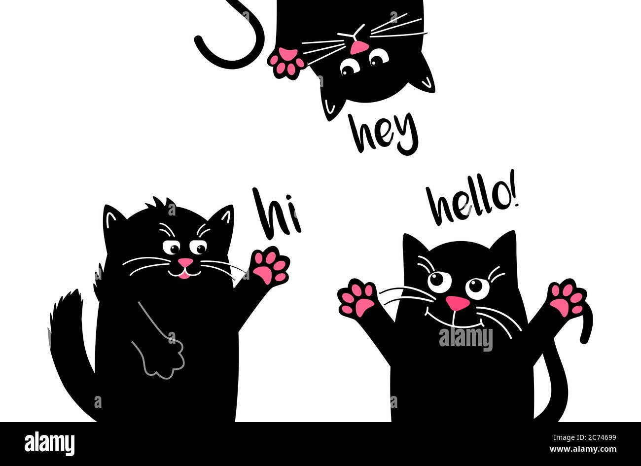 Les chats noirs drôles disent bonjour quand ils se rencontrent. Animal kawaii drôle. Chat noir isolé. Dessin animé vectoriel Illustration à plat. Joli personnage de dessin animé. Illustration de Vecteur