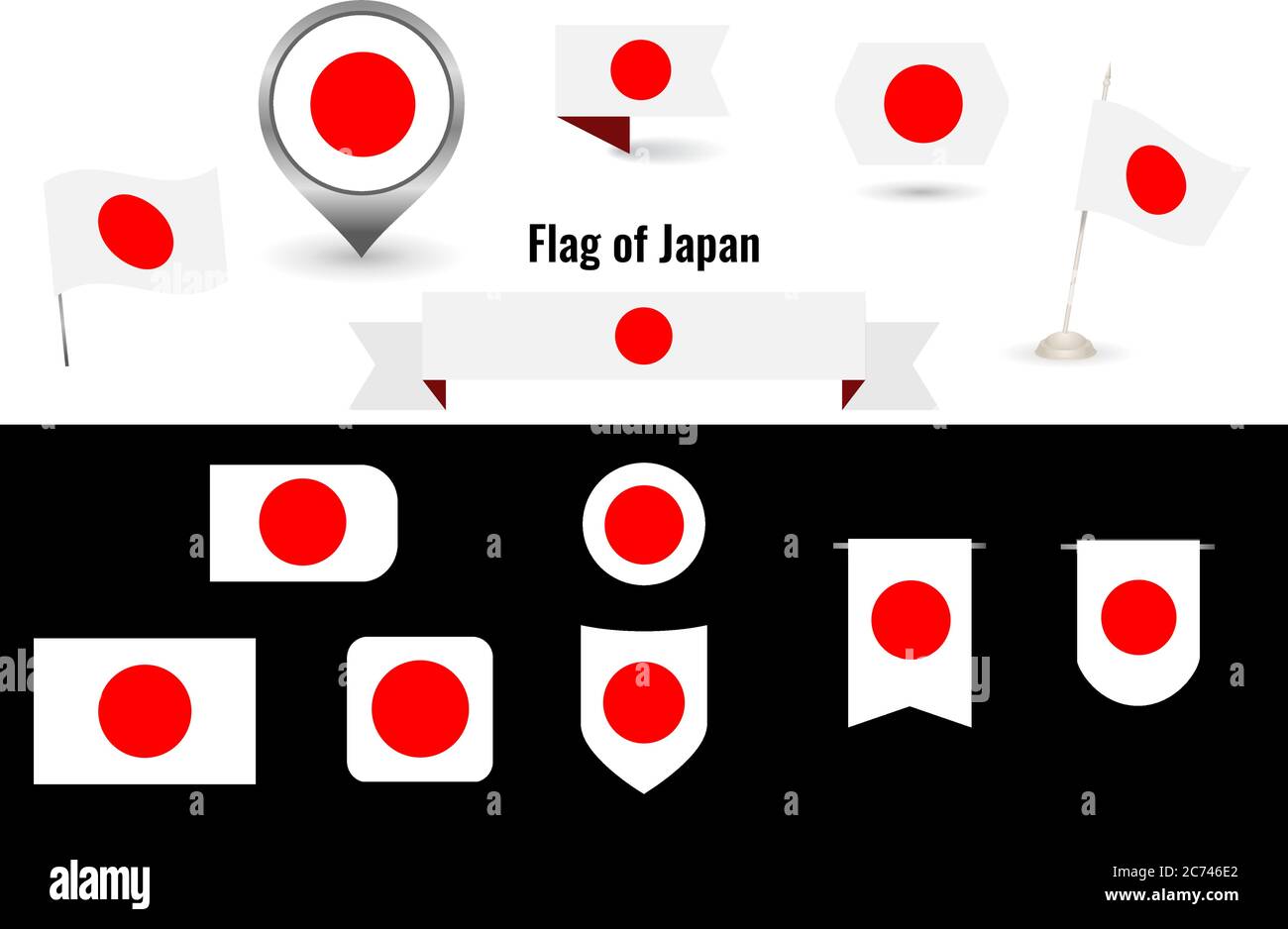 Le drapeau du Japon. Grand ensemble d'icônes et de symboles. Drapeau japonais carré et rond. Collection de différents drapeaux horizontaux et verticaux. Illustration vectorielle Illustration de Vecteur