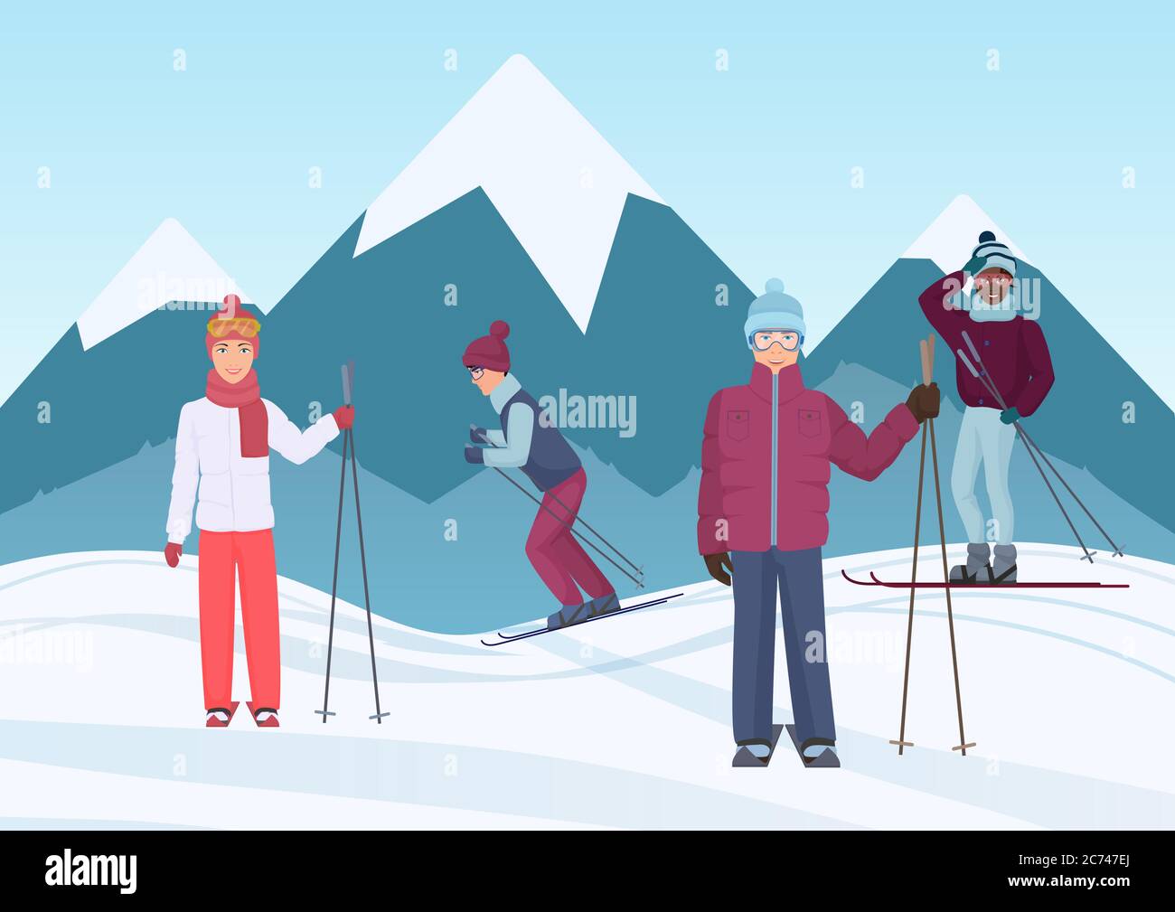 Un groupe de personnes qui s'ésurvole dans l'illustration vectorielle des montagnes. Ski Illustration de Vecteur