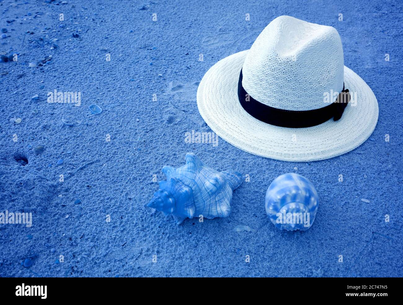 Chapeau de paille blanc style pop art surréaliste sur plage de sable bleu azur et coquillages Banque D'Images