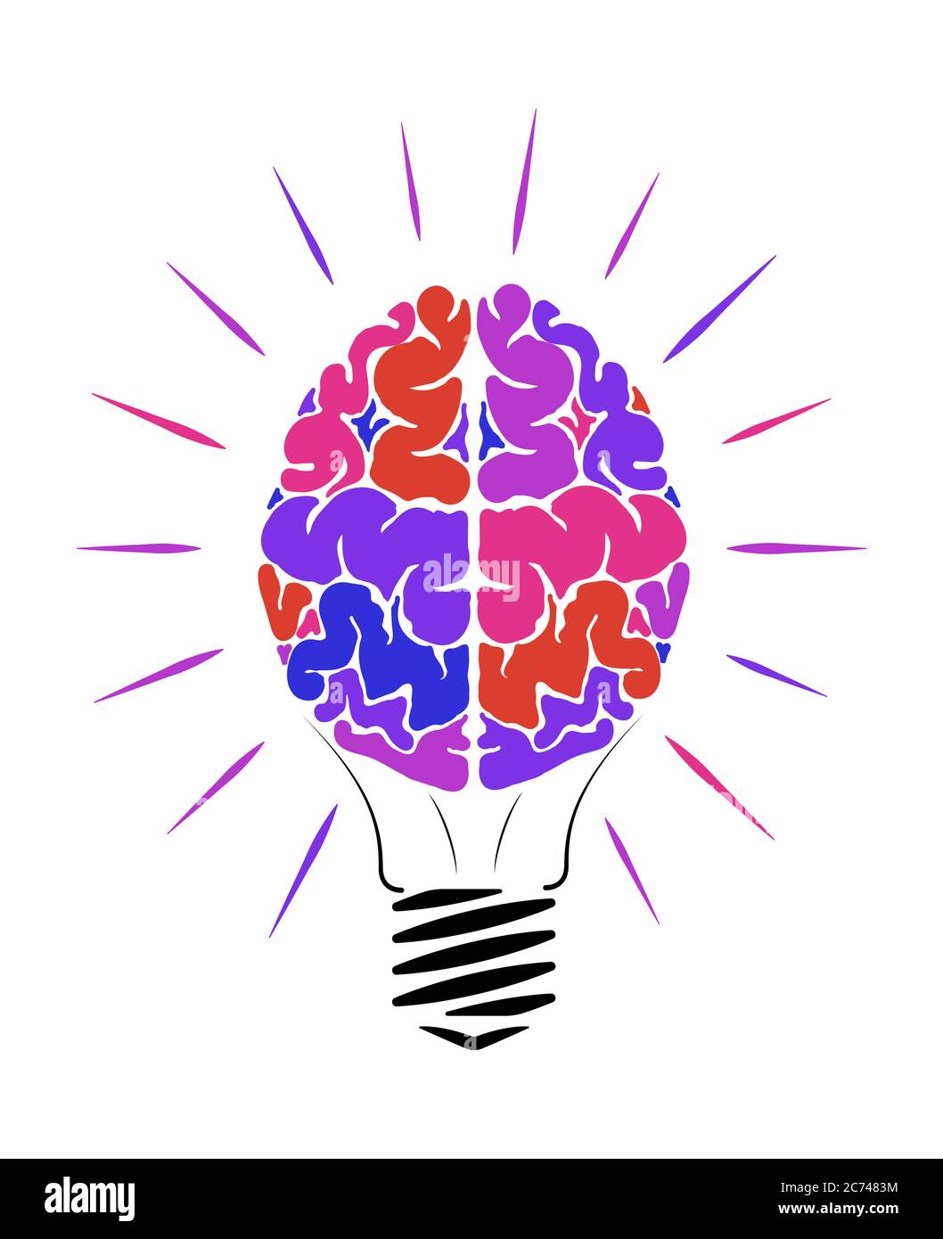 Lampe à incandescence sous forme de cerveau de personne. Le cerveau humain multicolore. Brille dans différentes directions. Logo Education. Illustration de Vecteur