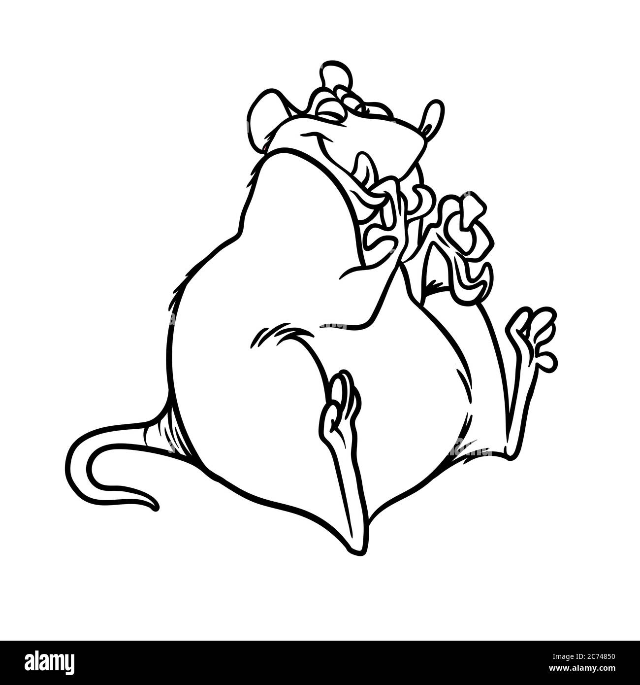 Image vectorielle noire et blanche d'un dessin animé gras rat mangeant du fromage Illustration de Vecteur
