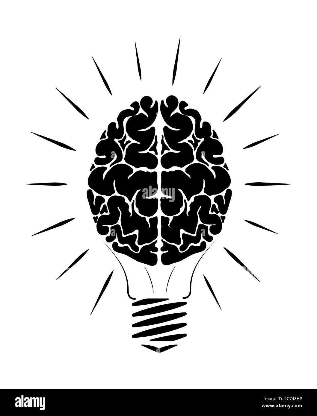 Lampe à incandescence sous forme de cerveau de personne. Le cerveau humain noir et blanc. Brille dans différentes directions. Logo Education. Illustration de Vecteur