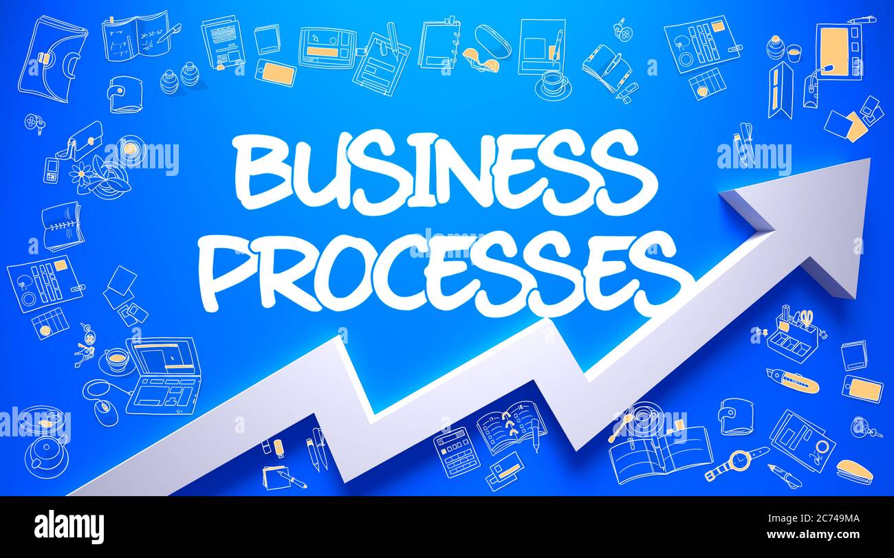 Inscription des processus d'affaires sur l'illustration moderne de style de ligne. Avec flèche et icônes Doodle autour. Processus d'affaires - Illustration moderne avec éléments de conception Doodle. Banque D'Images