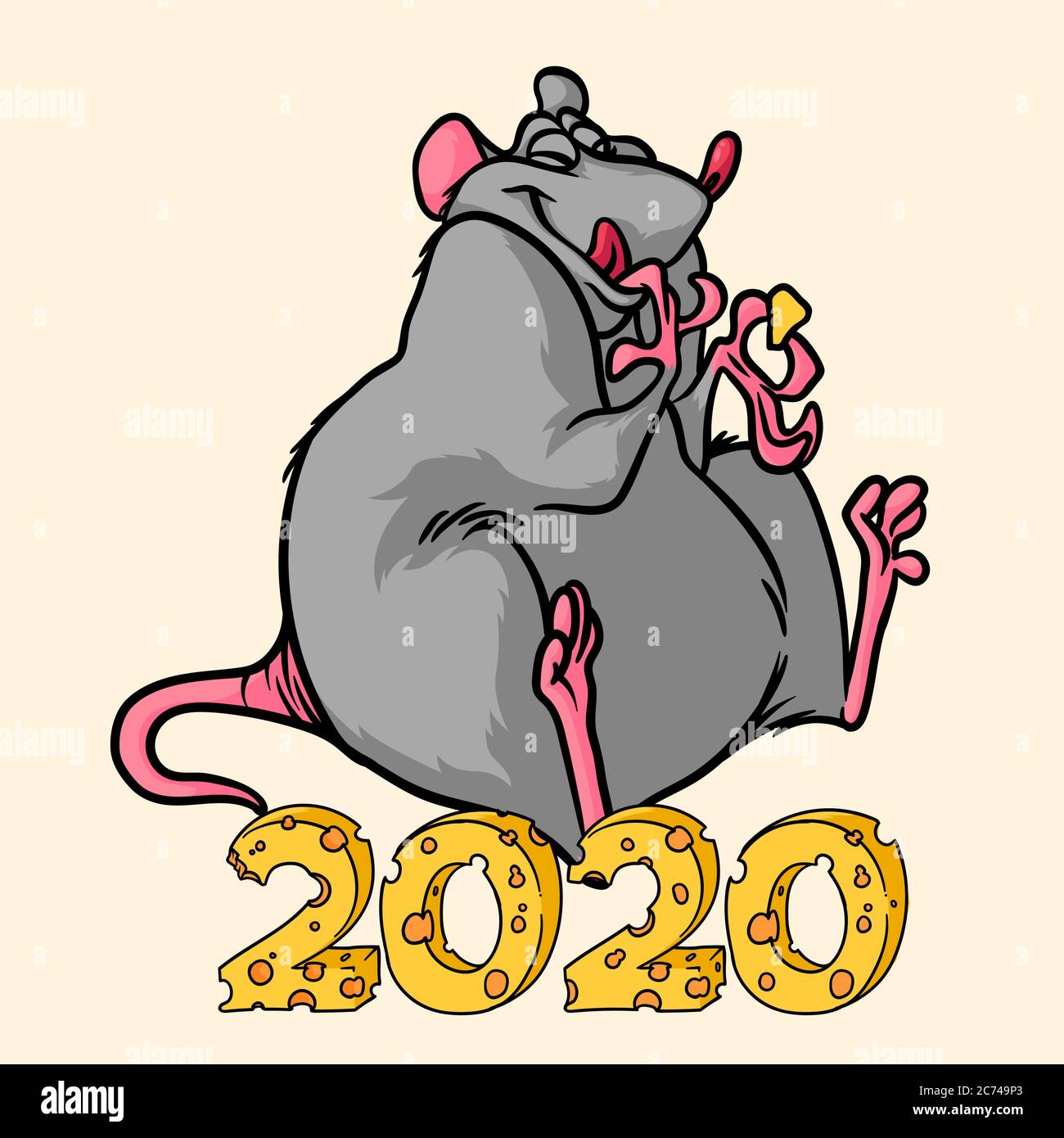 Bonne année 2020 l'année du rat, le rat de bande dessinée mange du fromage Illustration de Vecteur