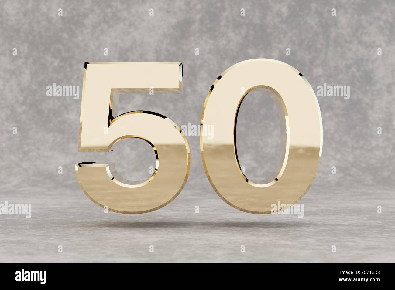 Gold 3d numéro 50. Nombre d'or brillant sur fond béton. Chiffres métalliques avec réflexions de lumière studio. rendu 3d. Banque D'Images
