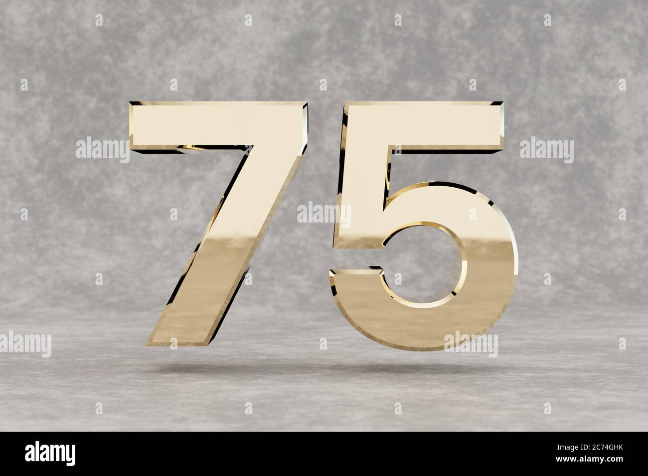 Gold 3d numéro 75. Nombre d'or brillant sur fond béton. Chiffres métalliques avec réflexions de lumière studio. rendu 3d. Banque D'Images