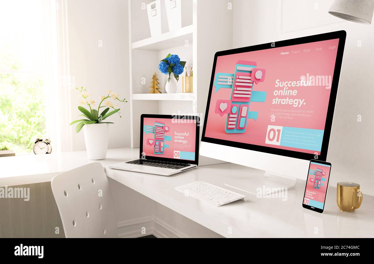 accueil bureau configuré avec le site de marketing numérique resposnive sur l'écran de rendu 3d Banque D'Images