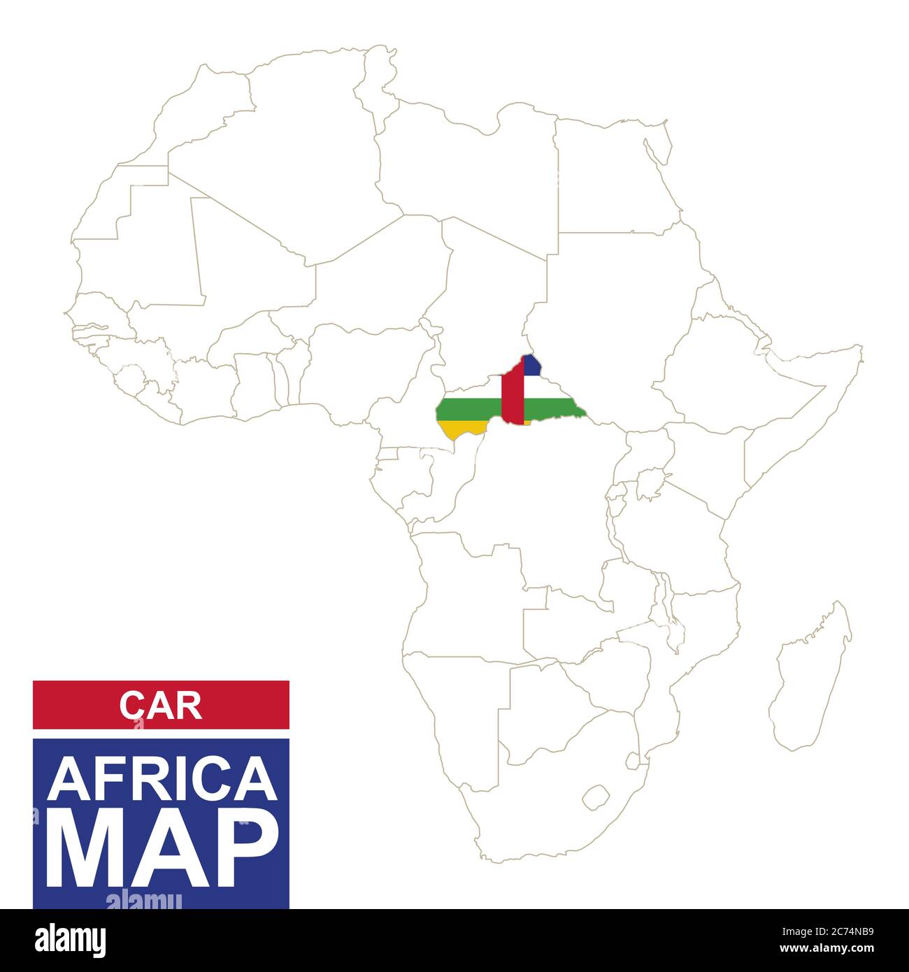 Carte contourée de l'Afrique avec la République centrafricaine mise en évidence. Carte DE VOITURE et drapeau sur la carte de l'Afrique. Illustration vectorielle. Illustration de Vecteur