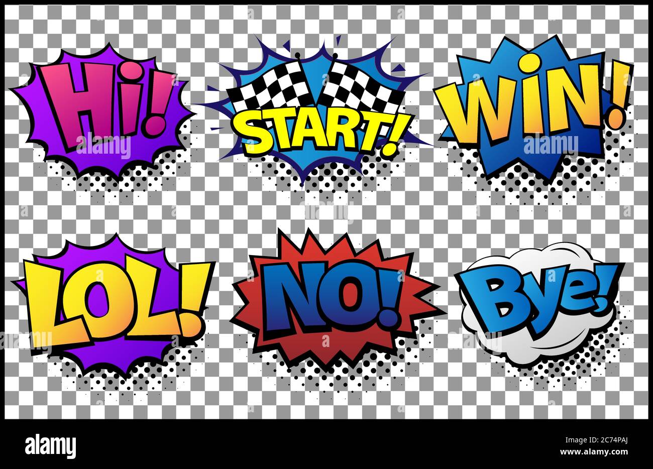 Bulles de parole de bande dessinée avec différentes émotions et texte Salut, Start, Win, LOL, No, Bye. Illustrations vectorielles dynamiques lumineuses dans un art pop rétro Illustration de Vecteur