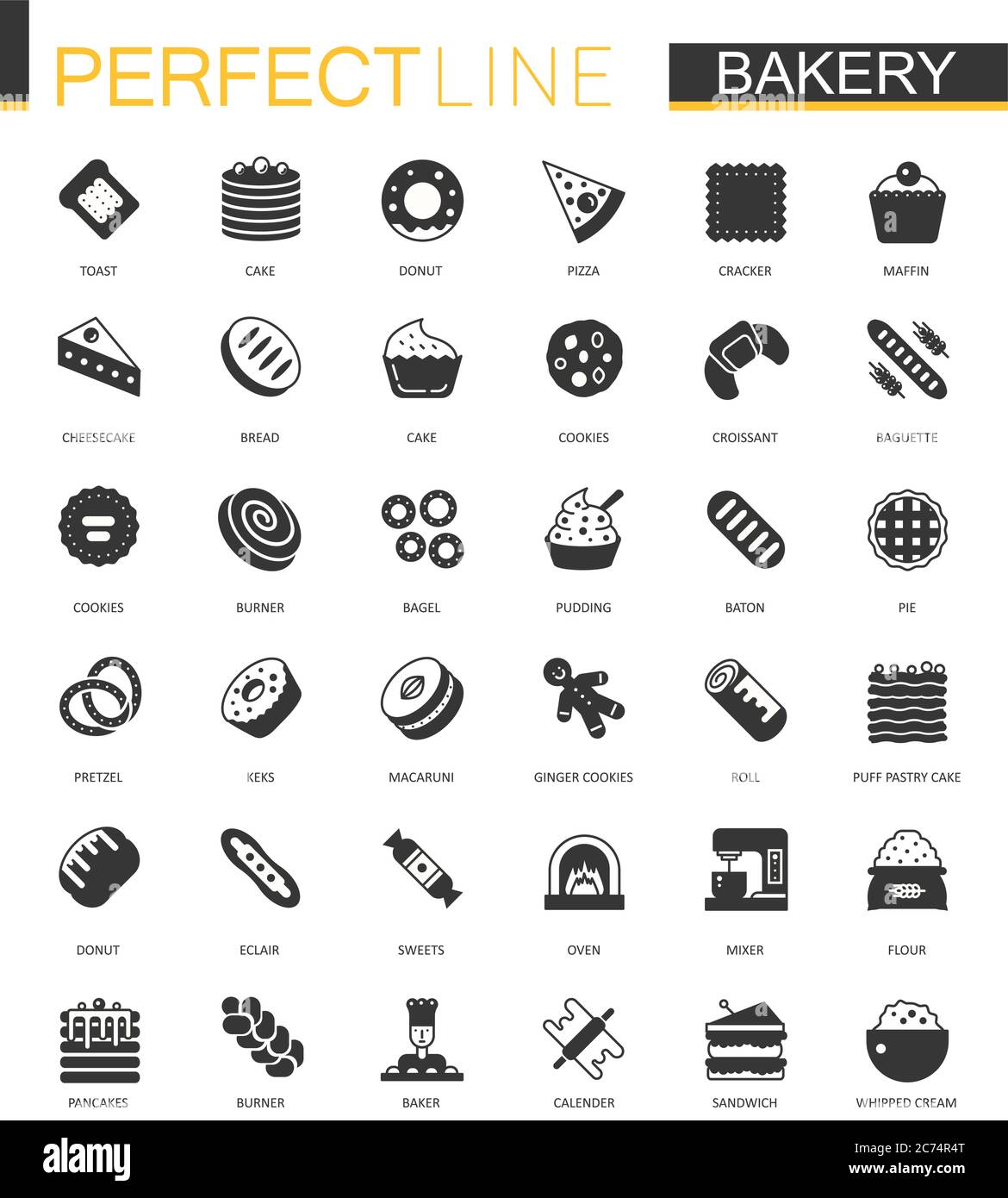 Icônes de pâtisserie classique noire de boulangerie ensemble isolé Illustration de Vecteur