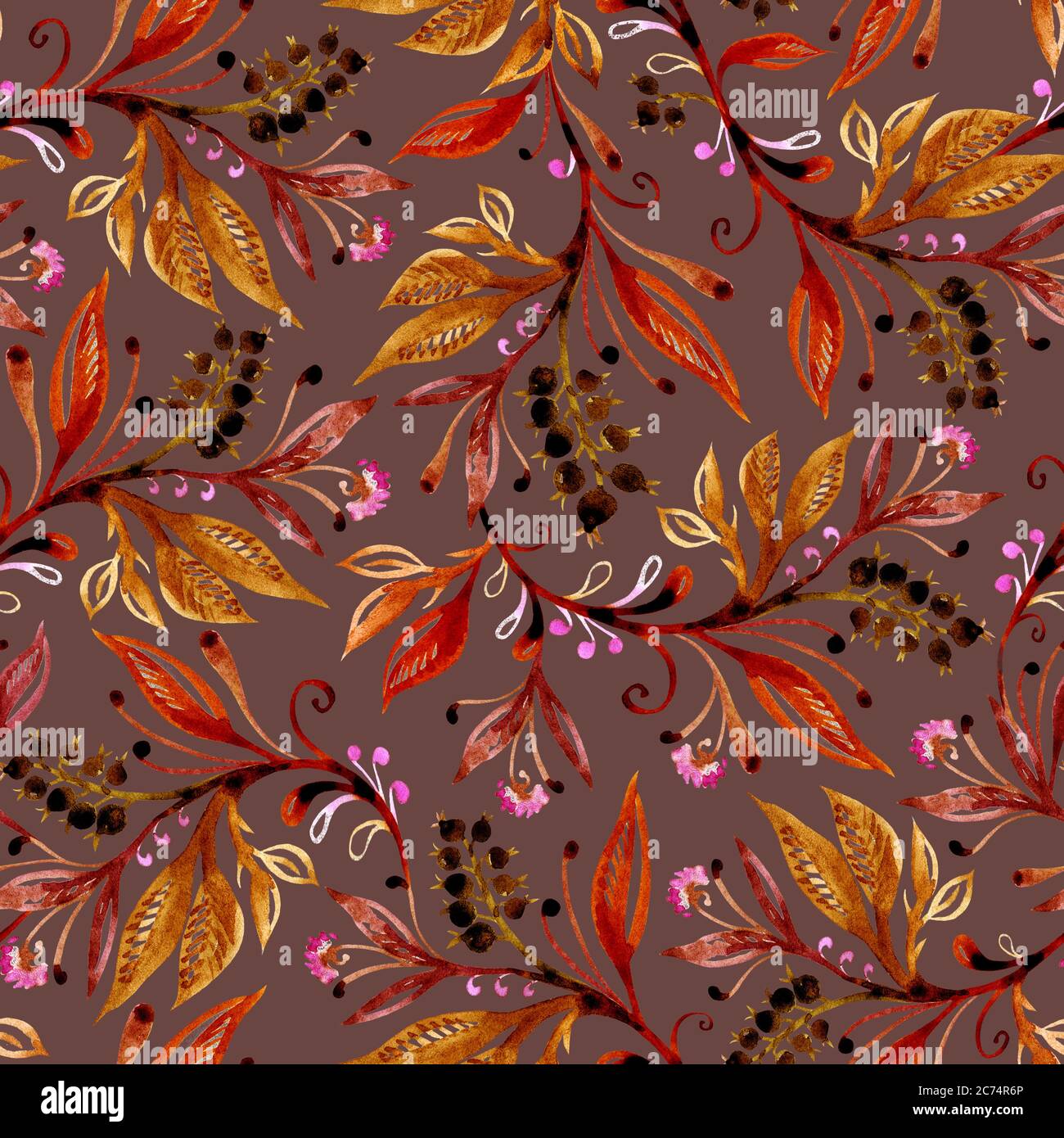 Motif fleuri aquarelle sans couture avec feuilles et baies aux couleurs automnales sur fond marron. Arrière-plan pour le titre, l'image pour le blog, la décoration. Design pour papiers peints, textiles, tissus, enveloppeurs. Banque D'Images