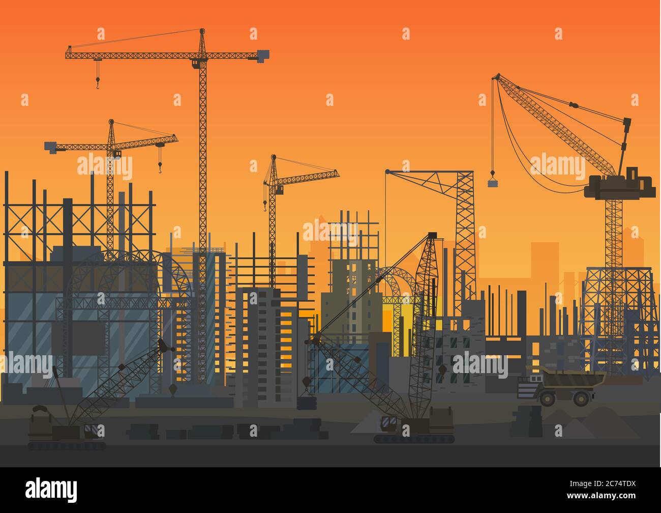 Construction Skyline en construction silhouette de coucher de soleil. Site Web responsable de l'extérieur de la nouvelle ville. Illustration vectorielle Illustration de Vecteur