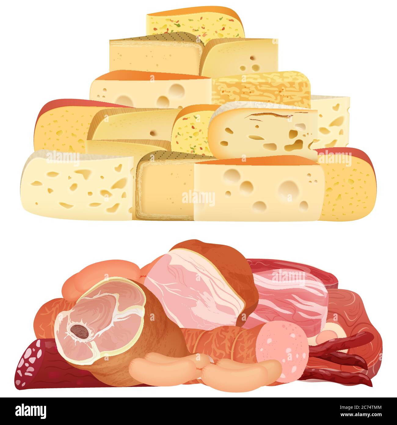 Piles de différents fromages délicats réalistes et de viande appétissante isolée sur blanc Illustration de Vecteur