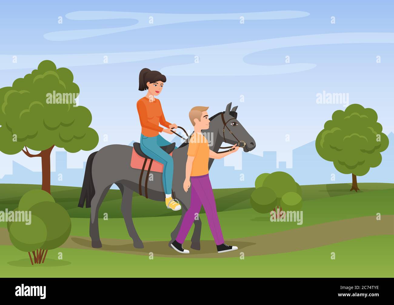 Homme dirigeant le cheval avec la femme qui le monte sur l'illustration vectorielle Illustration de Vecteur