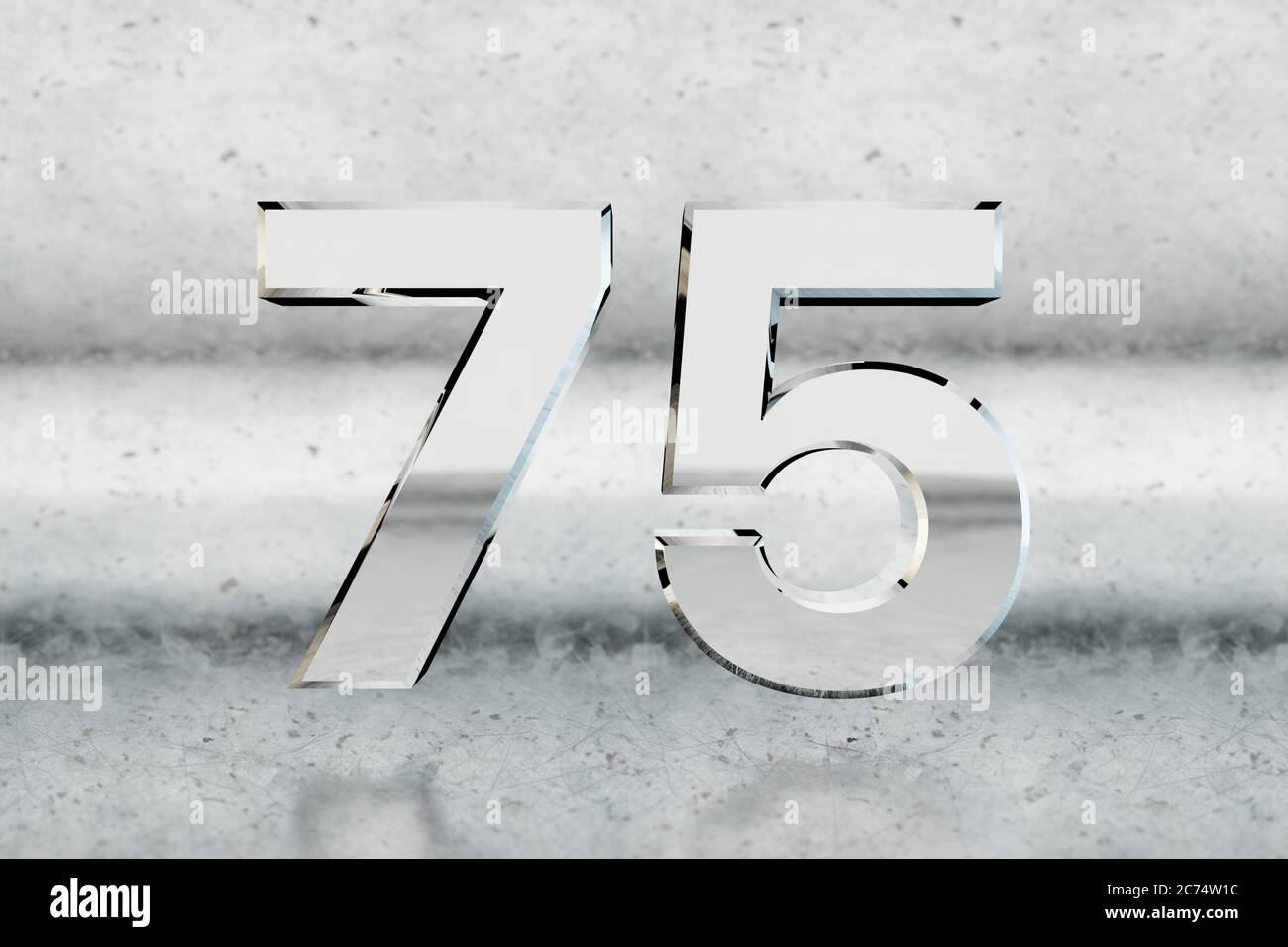 Chrome 3d numéro 75. Numéro chrome brillant sur fond métallique rayé. Chiffres métalliques avec réflexions de lumière studio. rendu 3d. Banque D'Images