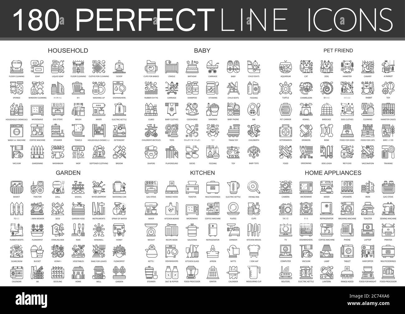 180 mini-icônes de concept de contour symboles de ménage, bébé, ami d'animal de compagnie, jardin, cuisine, appareils ménagers icône isolée. Illustration de Vecteur