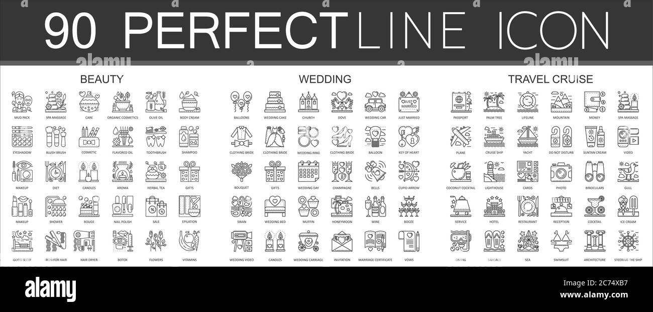 90 contour mini concept infographie symbole des icônes beauté, mariage, voyage croisière isolé. Illustration de Vecteur