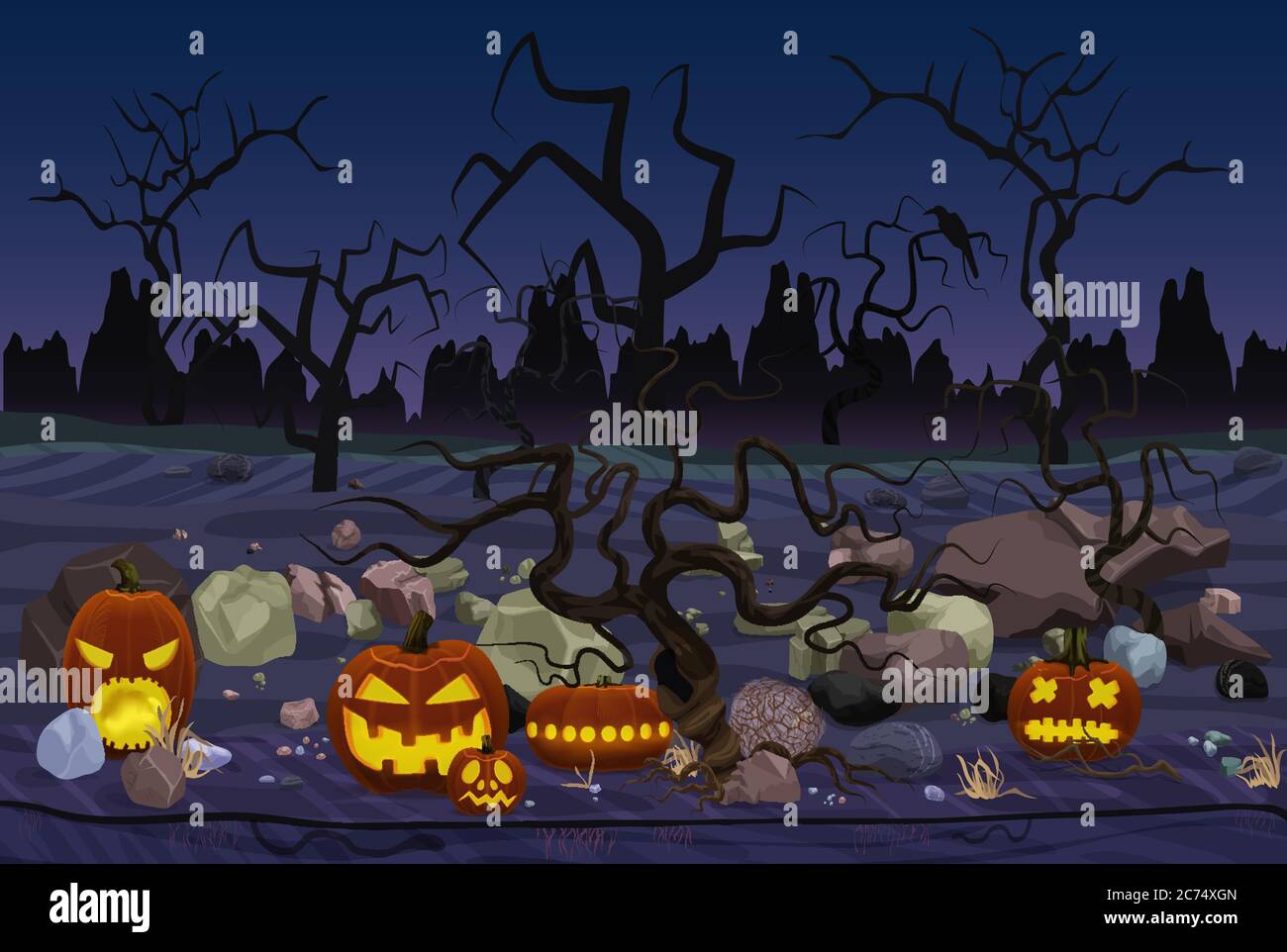 Illustration vectorielle de la forêt mystérieuse avec lanternes de citrouille pour Halloween placées dans des pierres la nuit Illustration de Vecteur