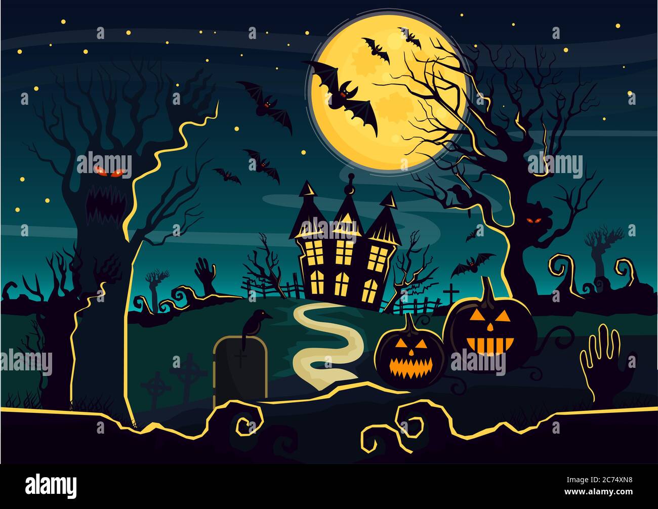 Illustration vectorielle de la maison mystère avec lanternes de citrouille et créatures décorées pour Halloween. Carte d'Halloween avec vieille maison effrayante d'horreur Illustration de Vecteur