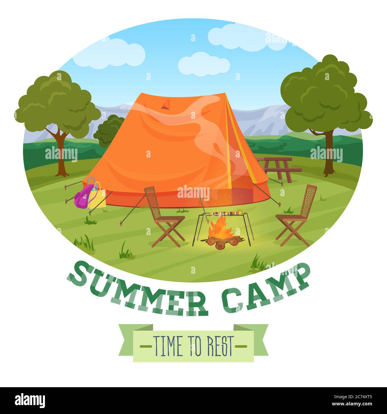 Camping illustration de la forêt d'été en montagne, tente, cheminée avec texte. Illustration vectorielle Illustration de Vecteur