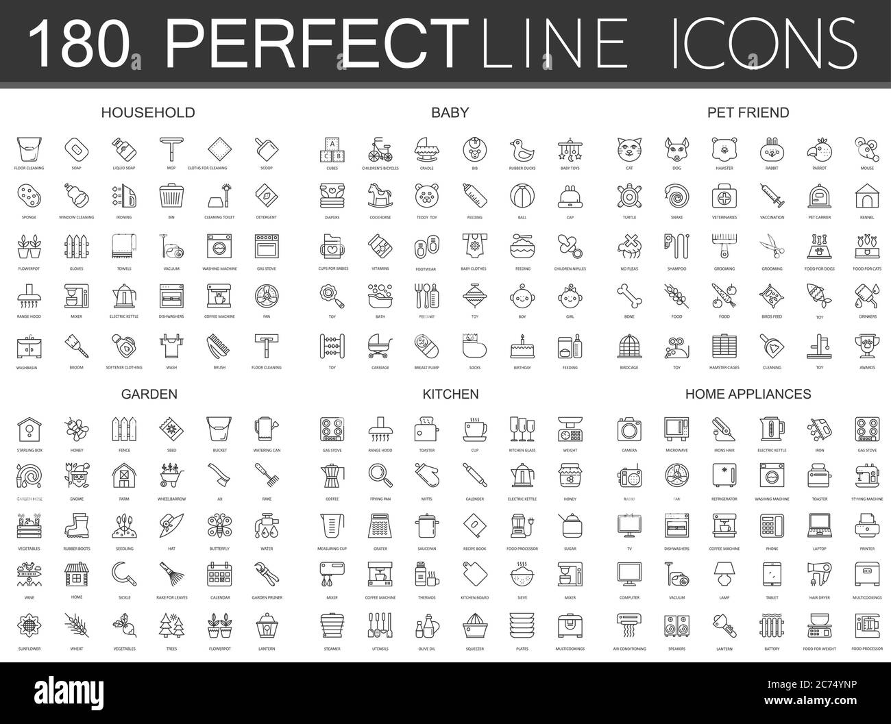 180 icônes modernes de ligne mince ensemble de ménage, bébé, ami d'animal de compagnie, jardin, cuisine, appareils ménagers ensemble Illustration de Vecteur