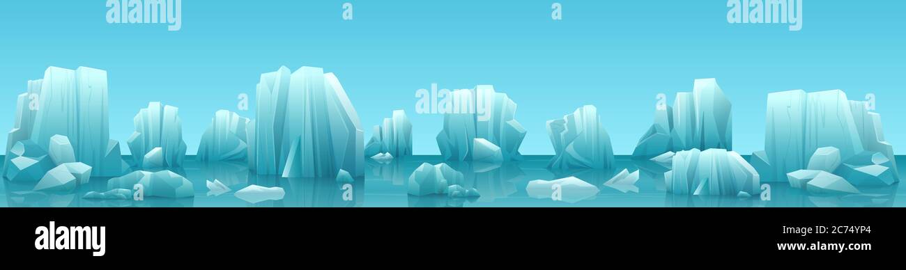 Illustration de la bannière web à largeur vectorielle du paysage arctique avec icebergs et montagnes. Panorama d'hiver. Illustration de Vecteur