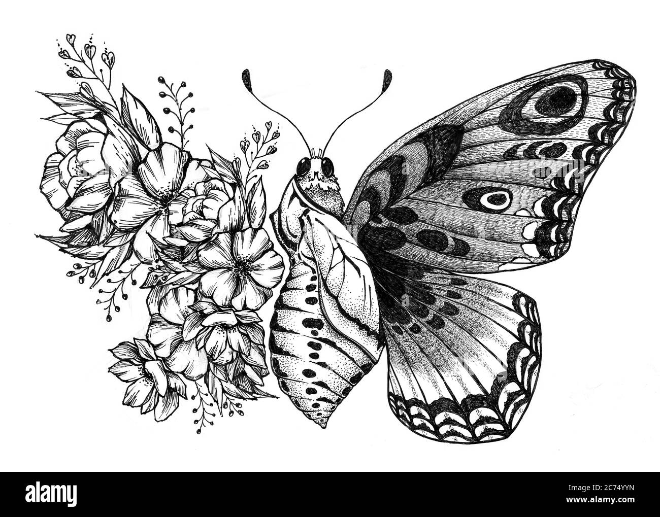 Motif papillons tatouage avec fleurs. Naissance du papillon. Banque D'Images