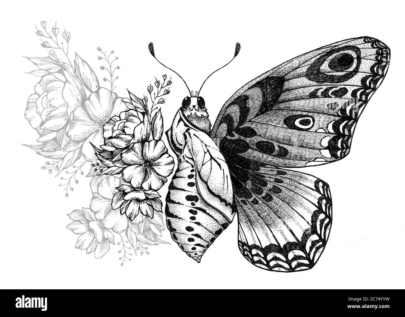 Motif papillons tatouage avec fleurs. Naissance du papillon. Banque D'Images