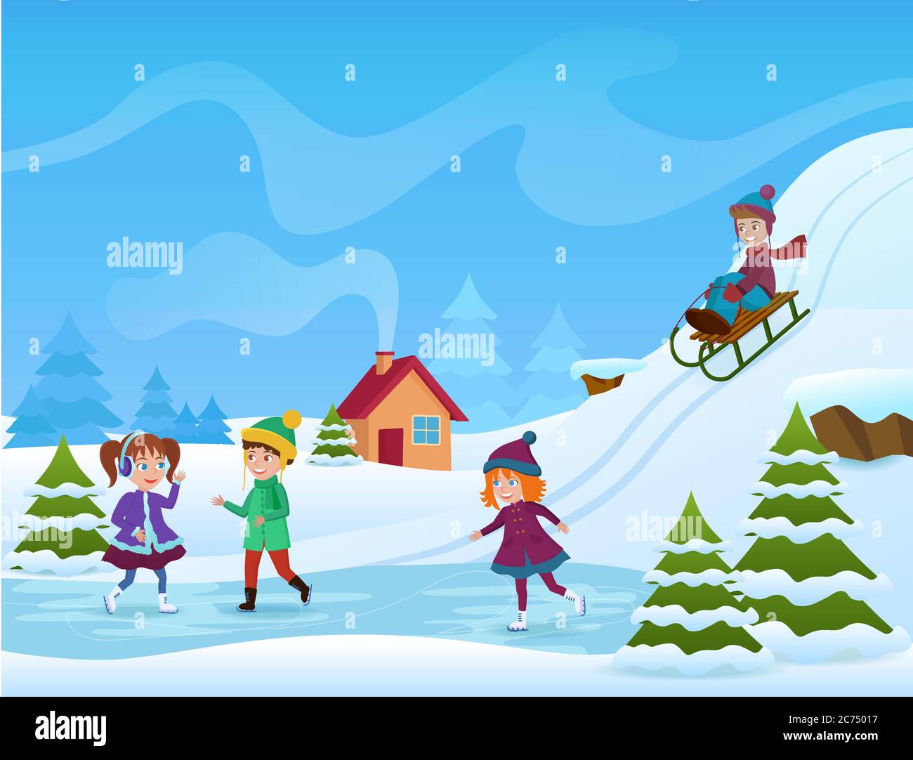 Illustration vectorielle du patinage sur glace et de la luge des enfants en hiver. Carte vacances d'hiver Illustration de Vecteur