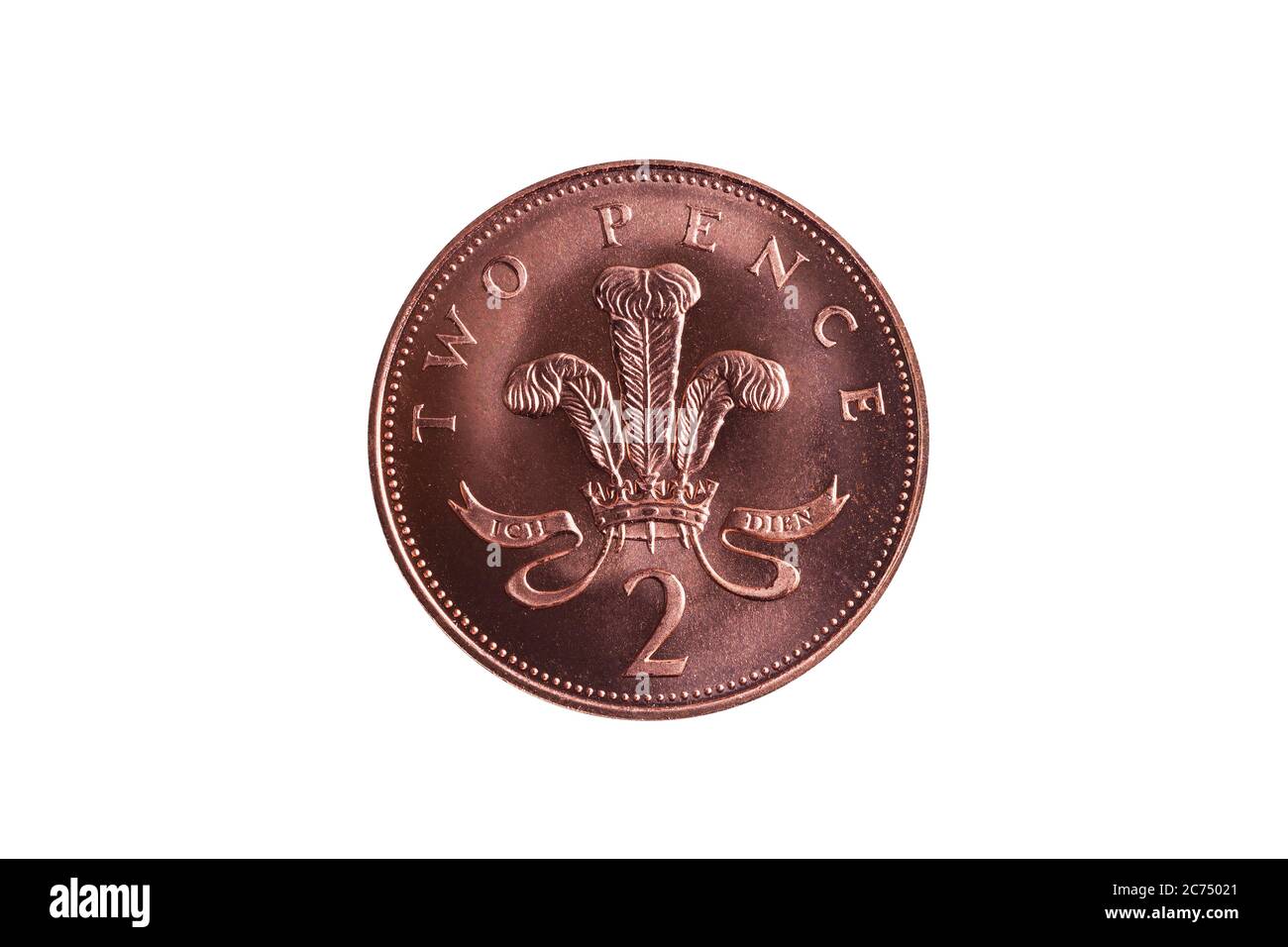 Nouvelle pièce de deux pence britannique de l'Angleterre UK découpé et isolé sur un fond blanc Banque D'Images