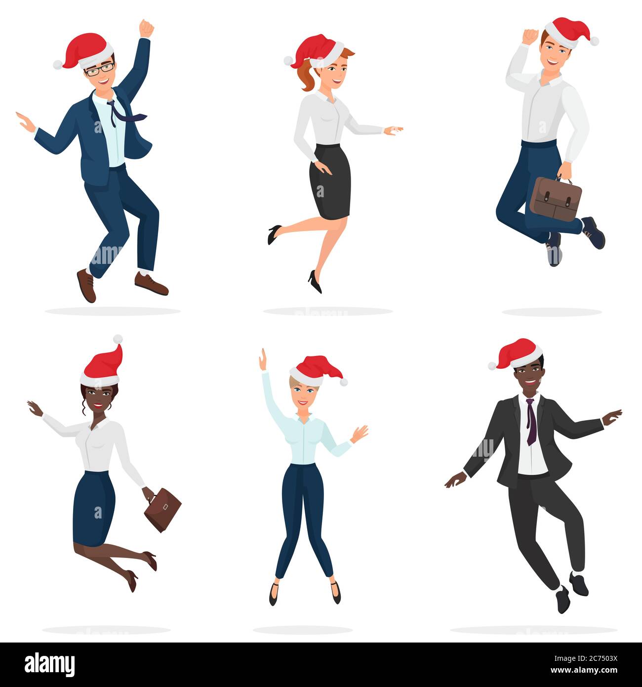 Bureau d'affaires en costumes officiels hommes et femmes en chapeaux rouges de Noël sauter, danser et s'amuser isolé Illustration de Vecteur