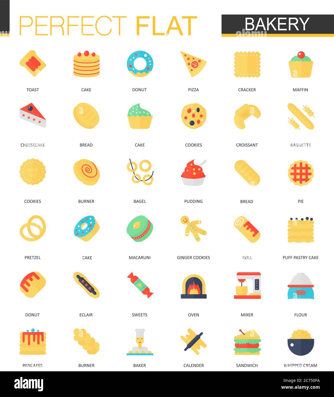 Ensemble vectoriel de symboles alimentaires plats de boulangerie isolé. Illustration de Vecteur