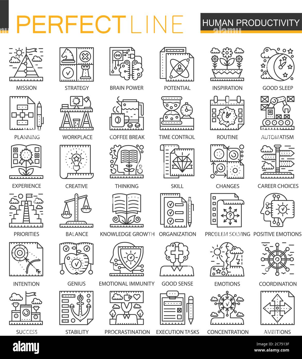 Symboles de concept mini de la productivité humaine. Gestion du temps et discipline jeu d'illustrations de style linéaire de trait moderne. Icônes de lignes fines parfaites Illustration de Vecteur