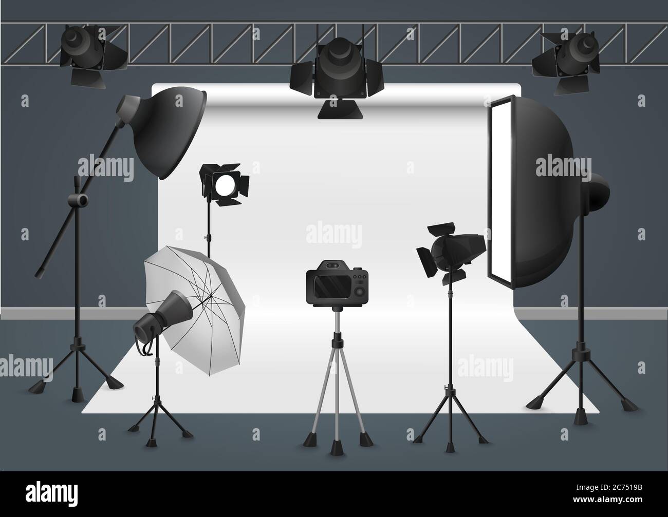 Studio photo avec appareil photo, éclairage flash projecteur, softbox et arrière-plan. Illustration vectorielle Illustration de Vecteur