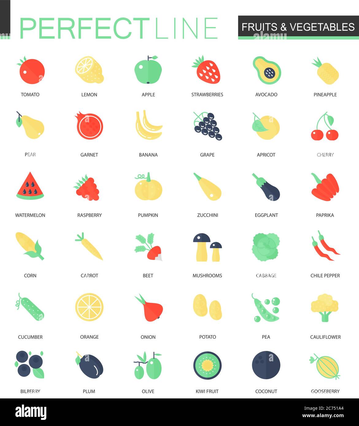 Ensemble vectoriel de fruits plats et de légumes icônes isolées Illustration de Vecteur