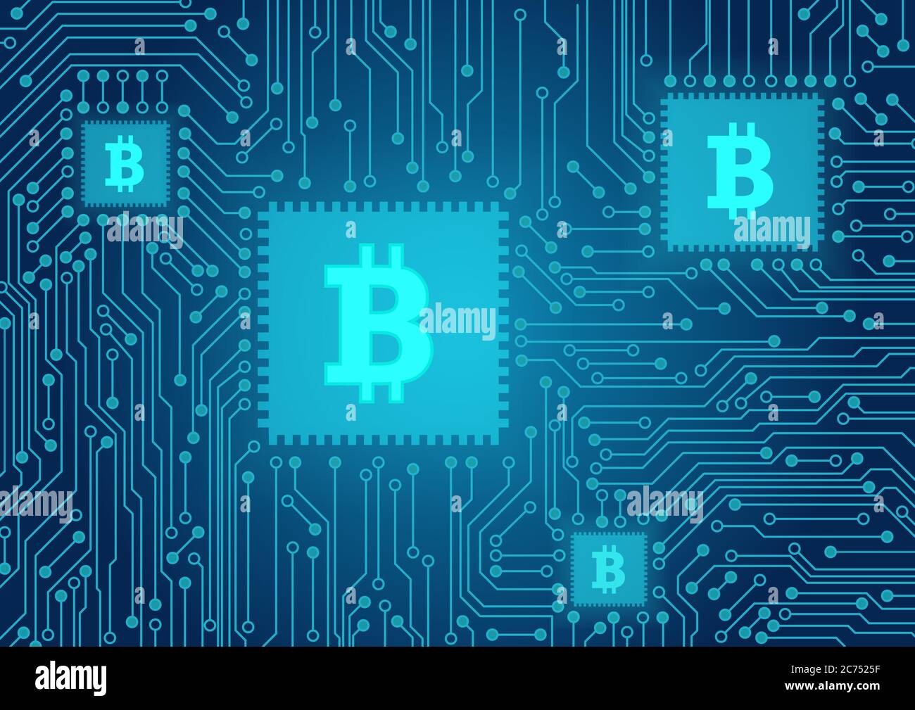 Illustration du vecteur de concept Bitcoin. Paiements électroniques à crypto-monnaie. Le symbole Bitcoin sur le processeur de l'ordinateur. Technologie blockchain Illustration de Vecteur