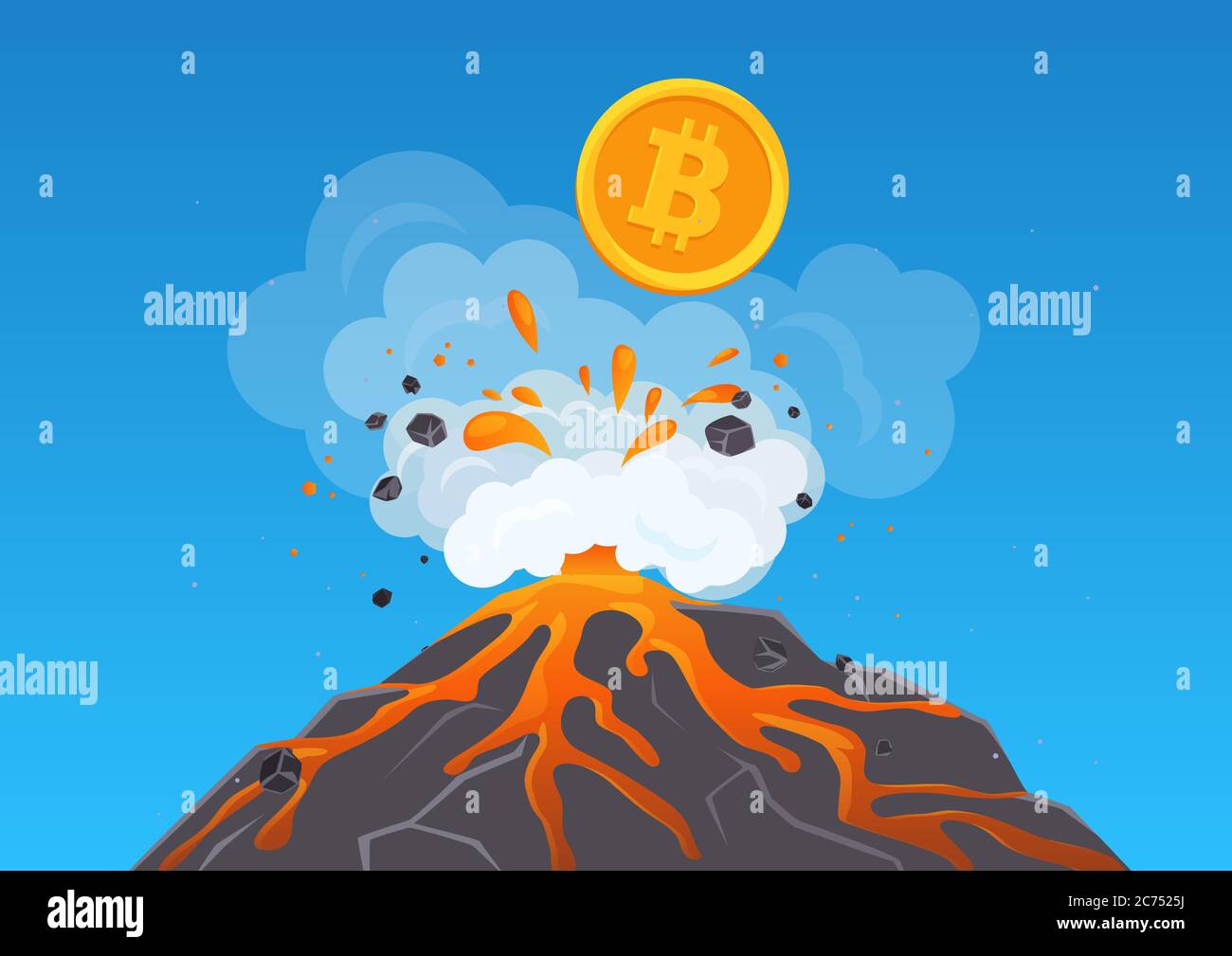 Illustration vectorielle de la convulsion de crypto-monnaie en bitcoin en dehors du volcan avec de la lave. Bitpays qui croît rapidement Illustration de Vecteur