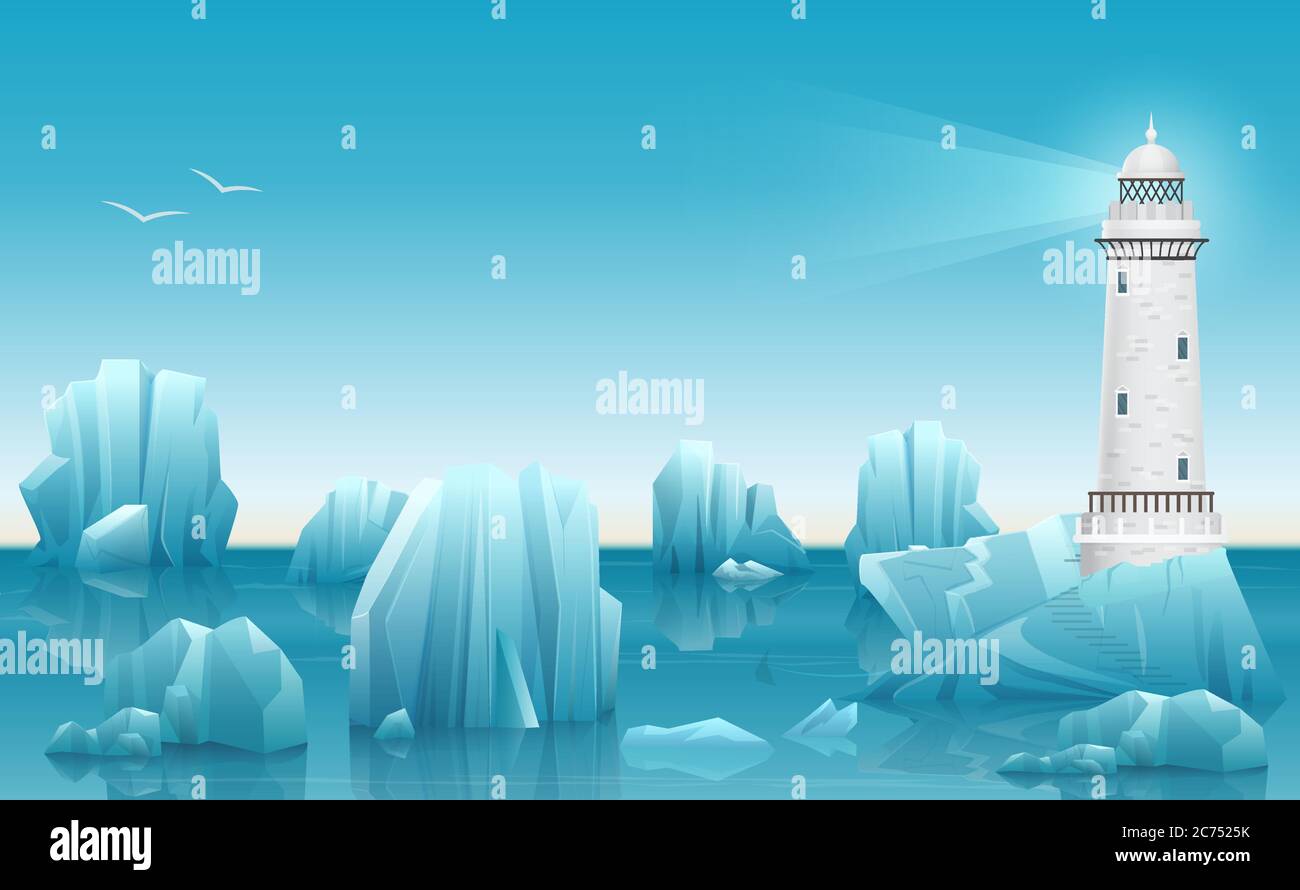 Vecteur Paysage d'hiver du phare dans la glace océan arctique ou mer avec icebergs Illustration de Vecteur