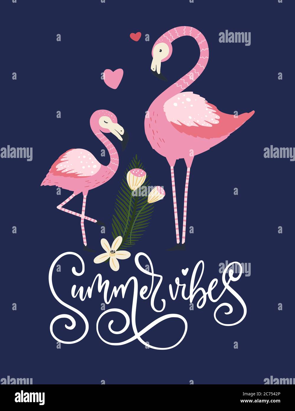 Des vibes d'été. Carte vectorielle à motif oiseaux roses. Affiche d'été tropicale mignonne avec citation à la main et dessin animé de la mère et de l'enfant. Illustration de Vecteur