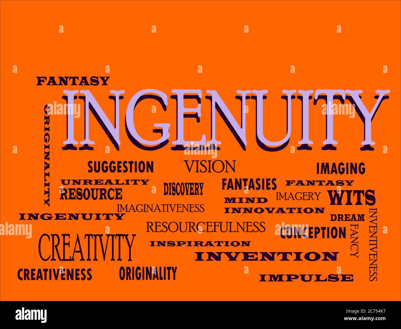 LE terme INGENUITY conçu avec plusieurs textes associés signifie sur le vecteur coloré de nuage abstrait. Illustration de Vecteur