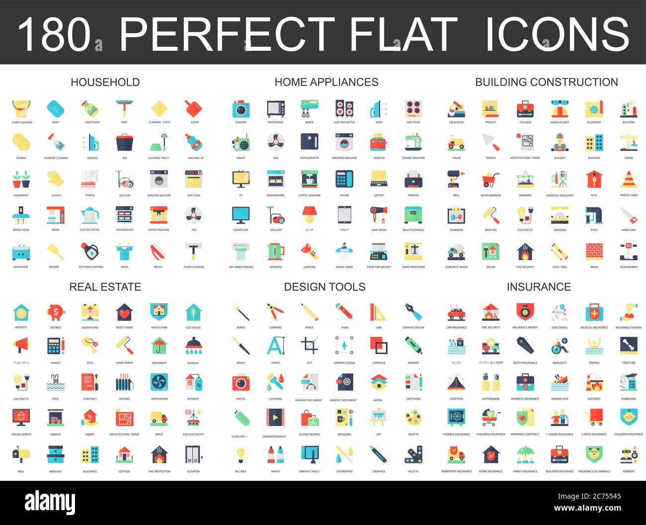 180 icônes modernes ensemble de ménage, appareils ménagers, construction de bâtiments, immobilier, outils de conception, icônes d'assurance Illustration de Vecteur