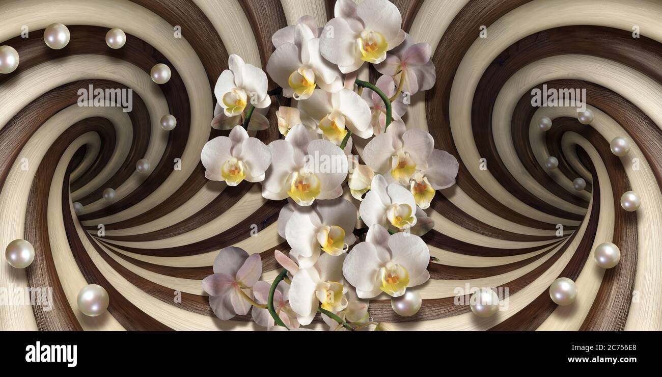 papier peint 3d, orchidées blanches et perles sur fond d'illusions optiques Banque D'Images