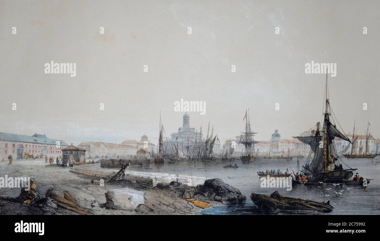 Vue sur le port d'Helsinki en 1839. Le port était très fréquenté en face de la place du marché. Une gravure de couleur des années 1830. Helsinki, Finla Banque D'Images