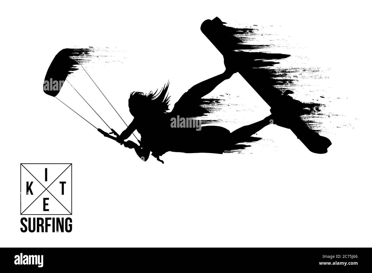 Kitesurf et kiteboarding. Silhouette d'un kitesurfer. Une femme en saut fait un tour. La concurrence aérienne. Illustration vectorielle. Merci de votre attention Illustration de Vecteur