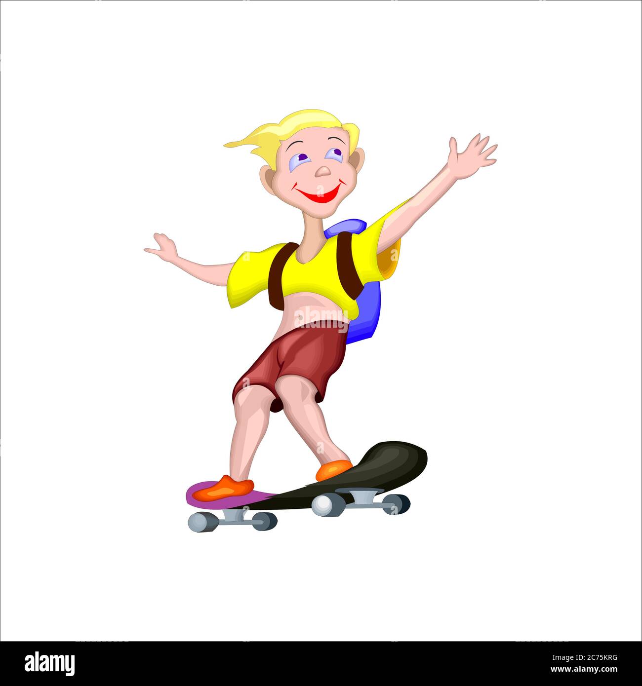 Illustration vectorielle d'un étudiant heureux aller à l'école avec un skateboard sur fond isolé Illustration de Vecteur